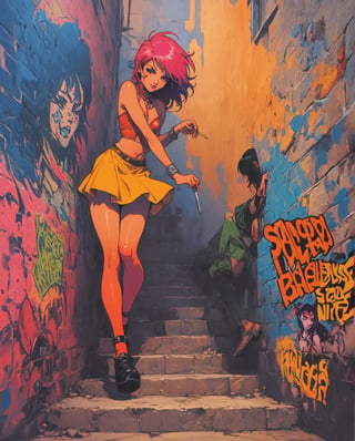 Solarpunk, Neo-romanticism ,succubus, , manga, Walking with an exaggerated tip-toe step, masterpiece, best quality, aesthetic, Create an image in the style of graffiti art, with bold colors, expressive lettering, and a rebellious, urban vibe , 80's , retro, art style by Nobuteru Yuki