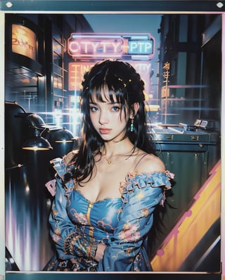 Art style by Noriyoshi Ohrai, Hajime Sorayama, Hiroshi Nagai, (Masterpiece, Top Quality, Super Deatail, High Resolution, Best Illustration), (80's, retro, city pop poster:1.5), (album cover), Elf princess girl, wearing urban clothes, (masterpiece, best quality), (anime, illustration), (pastel colors:1.4), best photo pose, dynamic angle, girl, alone, smile, eyes with perfect details, delicate face, blue eyes, high fashion,