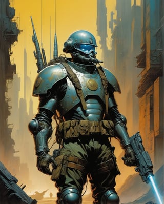 In a dystopian cyberpunk future, a mesmerizing propaganda poster beckons viewers to enlist in the military. Combining the gritty art style of Frank Frazetta with the futuristic flair of Moebius, the image features a cybernetically enhanced soldier, clad in sleek, reflective armor and wielding cutting-edge weapons. The intricate detailing, vivid colors, and dynamic composition elevate this digital painting to a level of unparalleled artistry, capturing the essence of a war-torn, technologically advanced world with stunning precision.