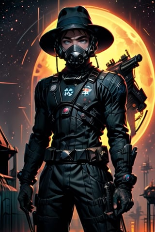 A gritty, futuristic spaceport, bustling with activity. A lone figure stands out among the crowd, his silhouette exuding an air of menace and determination. The man, identified as a space bounty hunter, is clad in a tight-fitting, black body suit, adorned with various weapons and tools of his trade. A heavily-scarred cowboy hat sits atop his head, partially shading his piercing blue eyes. His boots are stained with grime and the blood of past targets, bearing witness to his ruthless reputation. In one hand, he carries a sleek, high-tech blaster pistol, while the other rests on the holster of an ancient but well-maintained revolver. The bounty hunter's face is partially obscured by a metallic respirator mask, which he wears to protect himself from the harsh environment of space and the toxic waste left behind by his prey. His posture is tense and alert, as he scans the crowd for his next target. The background is dominated by massive hulking spaceships, their engines humming as they prepare for takeoff or docking. Neon signs and holographic advertisements flash brightly, adding to the chaotic atmosphere of the spaceport. The bounty hunter's ship, a heavily modified YT-1300 freighter, sits nearby, its landing struts extended and ready for action.,photorealistic