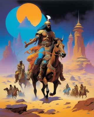 In a world of afropunk, Arabian nights, biopunk, and bosozoku, we are transported to a realm where creativity knows no bounds. Drawing inspiration from artists like Frank Frazetta and Moebius, this image is a masterpiece of vivid imagination. A striking painting captures a scene where vibrant cultures collide, showcasing a unique blend of futuristic and fantastical elements. Rich with detail and intricate design, this image truly captivates the eye with its high-quality execution and awe-inspiring aesthetic.