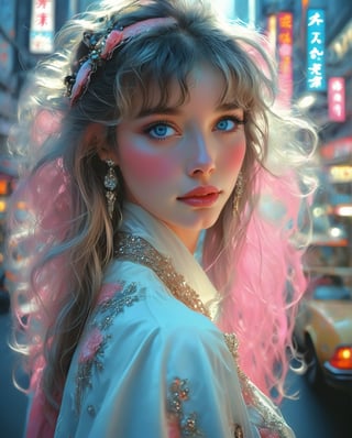 Art style by Noriyoshi Ohrai, Hajime Sorayama, Hiroshi Nagai, (Masterpiece, Top Quality, Super Deatail, High Resolution, Best Illustration), (80's, retro, city pop poster:1.5), (album cover), Elf princess girl, wearing urban clothes, (masterpiece, best quality), (anime, illustration), (pastel colors:1.4), best photo pose, dynamic angle, girl, alone, smile, eyes with perfect details, delicate face, blue eyes, high fashion,