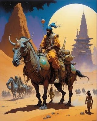 In a world of afropunk, Arabian nights, biopunk, and bosozoku, we are transported to a realm where creativity knows no bounds. Drawing inspiration from artists like Frank Frazetta and Moebius, this image is a masterpiece of vivid imagination. A striking painting captures a scene where vibrant cultures collide, showcasing a unique blend of futuristic and fantastical elements. Rich with detail and intricate design, this image truly captivates the eye with its high-quality execution and awe-inspiring aesthetic.