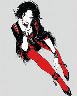 Art style by amano yoshitaka, a full-body, high-resolution anime style of a rebellious teenage female goth with short curly black hair, thin face, intense red lips, gothic fashion, inspired by the works of Yoshiaki Kawajiri, vibrant and edgy, with dramatic lighting and dynamic composition