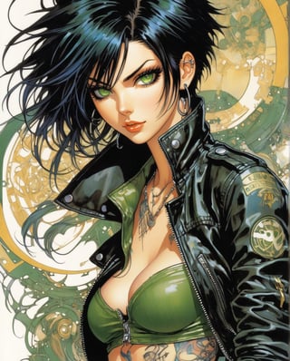 Anime art, one Female Tattoo artist named Eva, with pale skin color, Messy haircut, Jet black hair, Piercing green eyes, a Black leather jacket, and ripped black skinny jeans, art by Masamune Shirow, J.C. Leyendecker