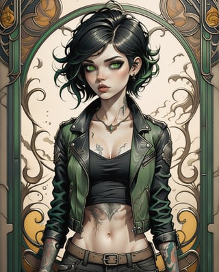 An art nouveau print with lineart and mainly sepia color. one Female Tattoo artist named Eva, with pale skin color, Messy haircut, Jet black hair, Piercing green eyes, a Black leather jacket, and ripped black skinny jeans detailed matte painting, deep colors, fantastic and intricate details, splash screen, complementary colors, fantasy concept art, 8k resolution trending on Artstation Unreal Engine