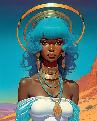 Moebius (Jean Giraud) Style - A picture by Jean Giraud Moebius, ((masterpiece)), ((best quality)), (masterpiece, highest quality), (masterpiece), Wave Art Style, 1girl, aqua eyes, aqua hair, bangs, belt, blunt bangs, bracelet, card, cowboy shot, dark skin, dark-skinned female, earrings, glowing, gradient, gradient background, holding, hoop earrings, jewelry, long hair, pants, female_solo,. art style by Moebius