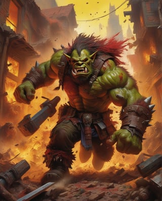 A frenzied Ork Berserker, his muscles bulging and veins pulsating as he wreaks havoc on a bustling town. This vivid scene captures the chaos of his rampage, with buildings crumbling, townspeople fleeing in terror, and the air thick with dust and chaos. The image, likely a digital illustration, boasts intricate details and vibrant colors that bring the scene to life. Every strand of the Ork's wild, unkempt hair and the ferocity in his bloodshot eyes are rendered with stunning realism. The destruction and mayhem around him are depicted with expert precision, making it a truly immersive and captivating piece.