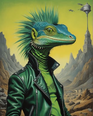 A rebellious anthropomorphic lizard adorned in edgy punk rock attire, this poster design for a rock show is a surreal masterpiece in the style of Salvador Dali and Max Ernst. The lizard protagonist is depicted with vibrant, spiky green hair, spiked leather jacket, and torn jeans, exuding a sense of defiance and coolness. The artwork is a painting that showcases intricate details and bold colors, capturing the essence of rebellion and creativity. The composition is expertly crafted, with a surreal and dreamlike quality that mesmerizes the viewer, making it a visually striking and unforgettable piece.