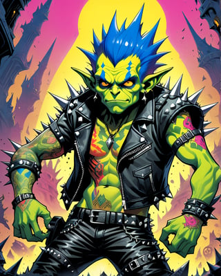 A rebellious goblin clad in edgy punk rock clothing, showcasing intricate details in spiked studs and tattered leather. The character is depicted in a poster design created in the vibrant and imaginative art style of Moebius. The image radiates with raw energy, from the goblin's wild, colorful hair to the intricate tattoos covering their arms. Each element is brought to life with precision and skill, immersing the viewer in a world of rebellious creativity and attitude. This high-quality artwork captures the essence of punk rock in a visually striking and engaging way.