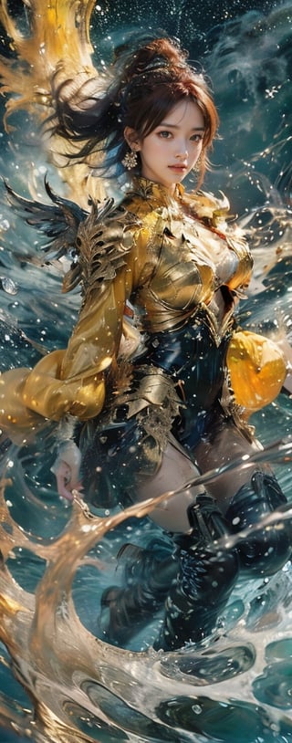 hyper realistic,hyper real,1girl,Chinese girl, fiercely lunges towards her enemy, star in eye, blush, perfect illumination, caramel hair styled as short hair, bright red hair, wearing golden headband around the head, star jewel earing, black eyes,  dressed in outfit with outer golden chest armor, beautiful wings, spraying water droplets in all directions, Gorgeous, ethereal aura, ray tracing, sidelighting, detailed face, bangs, bright skin, dreamlike atmosphere, starry nebula background, Sharp glossy focus, equirectangular 360, Highres 8k, extreme detailed, aesthetic, masterpiece, best quality, rich texture, kinetic move effect, colorful,Movie Still,solo,r1ge,
frown,