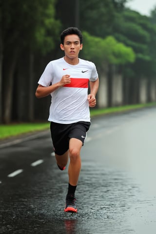 1man, teenage, white shirt with Indonesia flag logo, nike black short, nike black running shoe, running, looking at viewer, wet sweat, masterpiece, best quality, aesthetic, Photorealistic, distance shot, full body shot