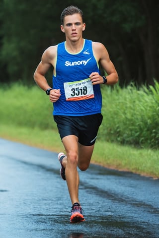 1man, teenage, saucony blue shirt jersey, saucony black short, saucony running shoe, running on marathon event, looking at viewer, wet sweat, bib number, masterpiece, best quality, aesthetic, Photorealistic, distance shot, full body shot