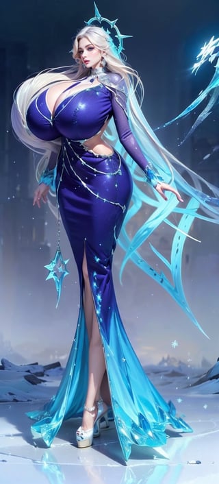 1girl, huge breasts 1.2, High detailed, (masterpiece, best quality, ultra-detailed, 8K), ((snow background)), vibrant colors, (long_hair, white_hair, snowflakes_hair, snowflakes_earrings,)), ((blue_eyes, purple lips, makeup, purple eyeshadow)), (big_breasts, round_breast, big_boobs), ((dress, long_sheath_dress, blue_dress, backless_dress, long_sleeves, ), ((ice background)), (((standing, full_body, front_view, facing forward,)) ,ice theme,jewelry, ice, crystal, magic, snowflakes, ((,a large snowflake behind the head)),High detailed,(( looking_at_viewer,)) ,High detailed ,Color magic, (high_heels, ice_shoes,)