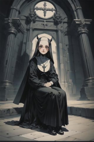 portrait,black hair angel, ,retro artstyle,illustration,nodf_lora, sitting_down,nun,church,horns,evil