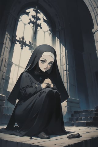 portrait,black hair,retro artstyle,illustration,nodf_lora, praying,evil_nun,church, on_knees