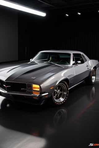 Ultra realistic, masterpiece, hd, complex_background, 1970 Z28 Camero, slate gray, crager rims, tinted windows,  photo shoot, studio lighting, ,photorealistic