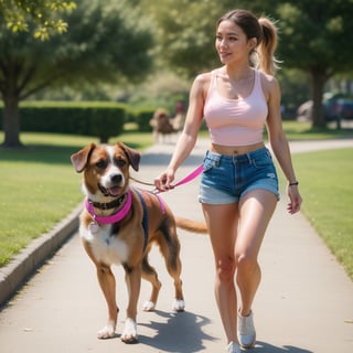 On a beautiful sunny day day, a pretty girl  walks her terrier dog in the park. She has a long blond ponytail.  Lightly tanned skin, minimal makeup and worn-out tennes shoes. She has ample breasts peaking out from a pink tank top. And very short matching shorts. The dog is brown with darker patches. 