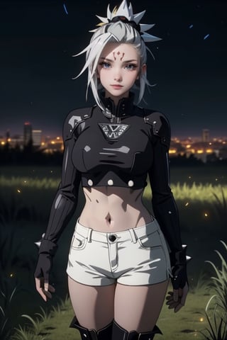 Anime Fma Style,anime screenshot,1 girl,Short and spiky punk hair,White hair, pale skin,red eyes,((Well detailed eyes)),white crop top ,black shorts ,black boots ,Night Landscape,City Landscape,city behind her,fireflies,grass,8k,Very detailed,extremely detailed