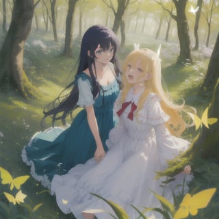 Anime, hd, bright colors, intense details,  two teen girls in dresses, playing in a magical forest. Surrounded by trees, playing in a clearing covered in grass, the girls are laughing and catching butterflies, both girls have long hair