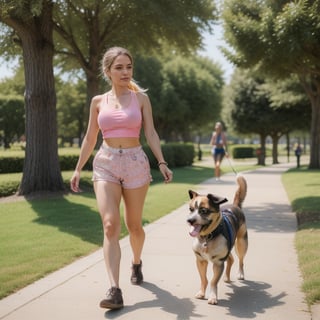 On a beautiful sunny day day, a pretty girl  walks her terrier dog in the park. She has a long blond ponytail.  Lightly tanned skin, minimal makeup and worn-out tennes shoes. She has ample breasts peaking out from a pink tank top. And very short matching shorts. The dog is brown with darker patches. 