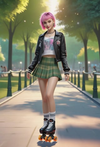 Ultra realistic, masterpiece, punk girl in shortskirt, roller skating, in park, realistic, key visual, vibrant, ambient lighting, highly detailed