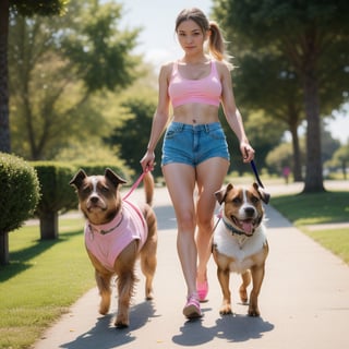 On a beautiful sunny day day, a pretty girl  walks her terrier dog in the park. She has a long blond ponytail.  Lightly tanned skin, minimal makeup and worn-out tennes shoes. She has ample breasts peaking out from a pink tank top. And very short matching shorts. The dog is brown with darker patches. 