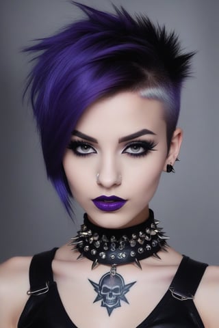 1 girl with dark makeup, purple lipstick,  punk tatoos,nose piercing,  spike collar