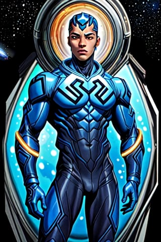 highly detailed, high quality, masterpiece, medium shot, beautiful, boy, alone, Blue Beetle, , muscular, sensual pose, adrenaline face, detailed background, outer_space ,1boy