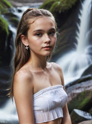 Valérie Kaprisky:0.3,amateur photo, young 18yo attractive (czech) Posture , earrings  ,Radiant, ( gorgeous:1.2), detailed face,  dark theme, soothing tones, muted colors, high contrast, (natural skin texture, hyperrealism, soft light, sharp), (freckles:0.3), (acne:0.3),  full-length_portrait, underneath waterfall ,Extremely Realistic, cute, (white tube_top), sheer_clothes