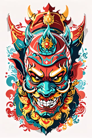 Colorful, flat vector, white background, a devil style mask, pastel-color, creative,indonesia style, barong, reog ponorogo, 