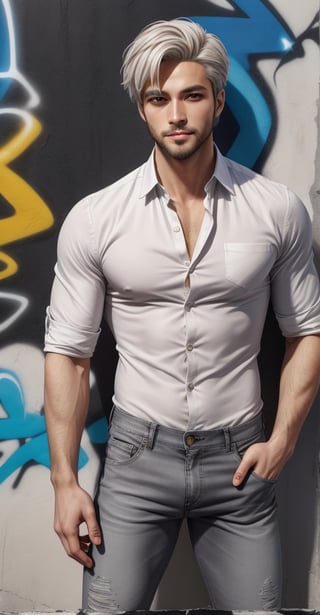 Mater Piece, High Quality image, of Gojo Short Hair, hazel blond white Hair. Ice blue eyes with grey shine iris, small beard. elegant look Man, White shirt and black Jeans pant, standing in the street at front of Graffiti wall, ,Man,Asian Model