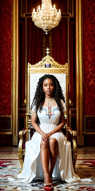 Fullbody shot view of the young queen of a new Cuban Catholic Kingdom, with beautiful braids. She is wearing a beautiful white queen royal top custome dress with red and blue flower motifs, and embroidered queen embroidered white pants. she is a beautiful light cinnamon skin color young woman, with a beautiful sweet face, curly straight hair, sweet expression, with a beautiful body, sitting on the royal throne in the palace,photorealistic