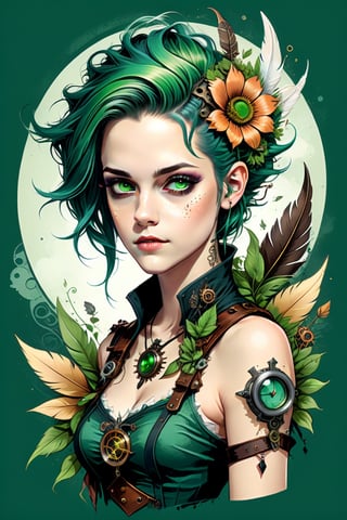 T-shirt design, steampunk art, BEAUTIFUL GIRL 
 FAIRY, kristen stewart face, , FANTASY DESIGN, FEATHER, VINTAGE COLOR,FLOWERS,STEAMPUNK ART DESIGN, for old-school style tattoos, green HAIR