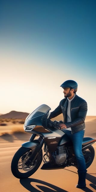 Photograph a handsome Middle Eastern man, 30, with short hair, light bright eyes, long eyelashes, and blush, wearing a black leather jacket, jeans, and black knee-high boots, riding a futuristic racing motorcycle on a desert road during the day. Capture a full body, front shot with his hair moving due to speed, and a photorealistic smile. Emphasize beautiful lighting, intricate details, sharp focus, and supreme resolution in a 32K ultra-sharp, high-quality masterpiece with perfect proportions and realistic complex details.