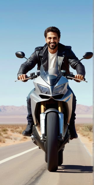 Here's a prompt for the scene you described:

Photorealistic masterpiece: A handsome Middle Eastern man, 30 years old with short hair, bright eyes, long eyelashes, and blush, wearing a black leather jacket, jeans, and knee-high boots, rides a futuristic racing motorcycle on a desert road during a sunny day. The camera captures a full-body shot from the front, showcasing the athlete's physique as his hair flows back due to speed. A radiant smile spreads across his face, as he expertly handles the vehicle with perfect proportions, hands, and feet. Rendered in supreme resolution (32K), this image boasts ultra-sharp details, meticulous nuances, and realistic lighting.