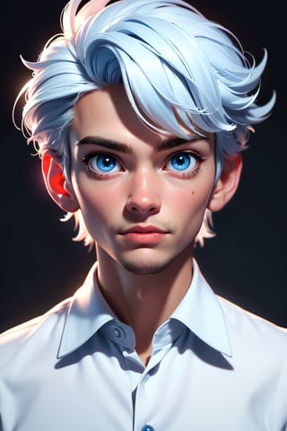 (best quality, 4k, 8k, highres, masterpiece:1.5), ultra-detailed, solo,looking at viewer,short hair,shirt,1boy,ice blue eyes, white shirt,upper body,white hair,male focus,collared shirt,portrait