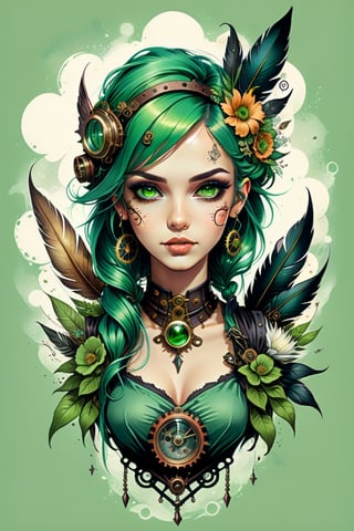 T-shirt design, steampunk art, BEAUTIFUL GIRL 
 FAIRY, alina sanko face, , FANTASY DESIGN, FEATHER, VINTAGE COLOR,FLOWERS,STEAMPUNK ART DESIGN, for old-school style tattoos, green HAIR