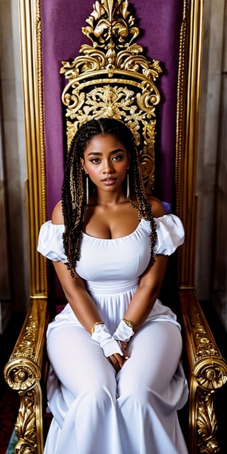 Fullbody shot view of the young queen of a new Cuban Catholic Kingdom, with beautiful braids. She is wearing a beautiful white queen royal top custome dress with red and blue flower motifs, and embroidered queen embroidered white pants. she is a beautiful light cinnamon skin color young woman, with a beautiful sweet face, curly straight hair, sweet expression, with a beautiful body, sitting on the royal throne in the palace,photorealistic