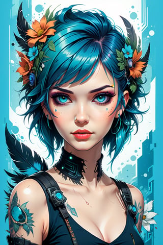 T-shirt design, cyberpunk art, BEAUTIFUL GIRL 
 FAIRY, Tessa Fowler face, , FANTASY DESIGN, FEATHER, VINTAGE COLOR,FLOWERS,CYBERPUNK ART DESIGN, for old-school style tattoos, Blue HAIR