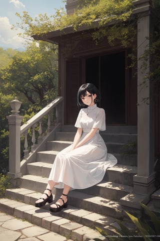 1girl, solo, looking at viewer, short hair, bangs, black hair, dress, jewelry, sitting, full body, short sleeves, earrings, outdoors, day, black footwear, white dress, tree, watermark, long skirt, stairs, realistic, sitting on stairs