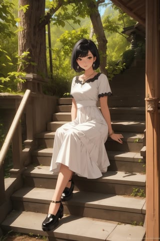 1girl, solo, looking at viewer, short hair, bangs, black hair, dress, jewelry, sitting, full body, short sleeves, earrings, outdoors, day, black footwear, white dress, tree, watermark, long skirt, stairs, realistic, sitting on stairs,wrenchmicroarch,treehouse