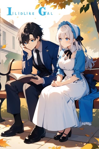 1girl, long hair, short hair, blue eyes, black hair, 1boy, dress, sitting, jacket, white hair, outdoors, frills, necktie, shoes, pants, black footwear, looking at another, book, leaf, , blue jacket, cover page, black necktie, holding book, open book, bench, bonnet