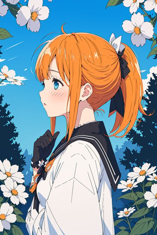 1girl, solo, blush, bangs, blue eyes, shirt, gloves, long sleeves, bow, white shirt, upper body, ponytail, flower, hair bow, outdoors, frills, parted lips, black gloves, hand up, sailor collar, orange hair, from side, black bow, profile, plant, white flower, black sailor collar