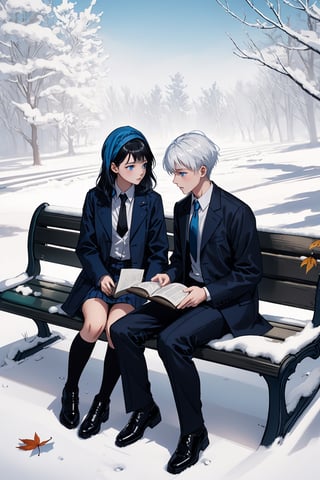 1girl, long hair, short hair, blue eyes, black hair, 1boy, dress, sitting, jacket, white hair, outdoors, necktie, shoes, pants, black footwear, looking at another, book, leaf,blue jacket, black necktie, holding book, open book, bench, bonnet