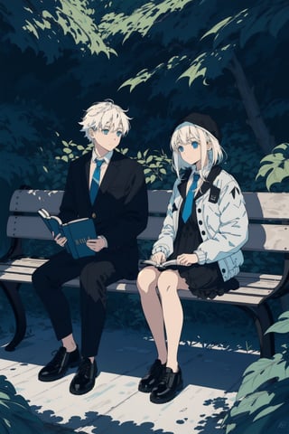 1girl, long hair, short hair, blue eyes, black hair, 1boy, dress, sitting, jacket, white hair, outdoors, frills, necktie, shoes, pants, black footwear, looking at another, book, leaf,blue jacket, black necktie, holding book, open book, bench, bonnet