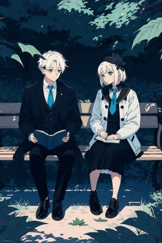 1girl, long hair, short hair, blue eyes, black hair, 1boy, dress, sitting, jacket, white hair, outdoors, frills, necktie, shoes, pants, black footwear, looking at another, book, leaf,blue jacket, black necktie, holding book, open book, bench, bonnet