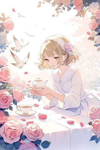 A girl tenderly preparing tea in an enchanting rose garden, her hands caressing the fragrant rose petals as she brews the tea, a gentle smile playing on her lips, surrounded by a myriad of colorful roses in different stages of bloom, a small stream trickling nearby, birds chirping in the background, vintage porcelain teapot and teacup on a dainty lace tablecloth, captured in a soft and dreamy painting style, focusing on the girl’s serene expression and the beauty of the garden