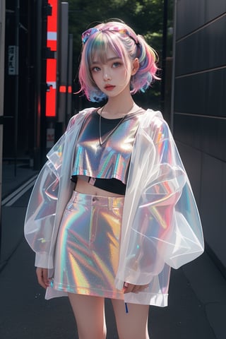 transparent color PVC clothing, transparent color vinyl clothing, prismatic, holographic, chromatic aberration, fashion illustration, masterpiece, girl with harajuku fashion, looking at viewer, 8k, ultra detailed, pixiv