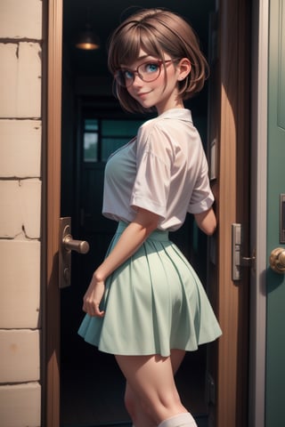 Masterpiece, girl , solo, breasts, skirt, blue eyes, wearing glasses, megane, walking, socks, medium natural breasts, blush, brown hair, (outdoors), white socks, bangs, curtains,  (white shirt), ((green skirt)), short hair, unlocking door, entering house, looking back at viewer, smiling, blushing, embarrased, 